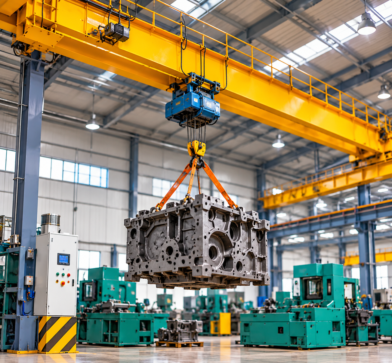 Schwebender Motorblock in moderner Fabrikhalle