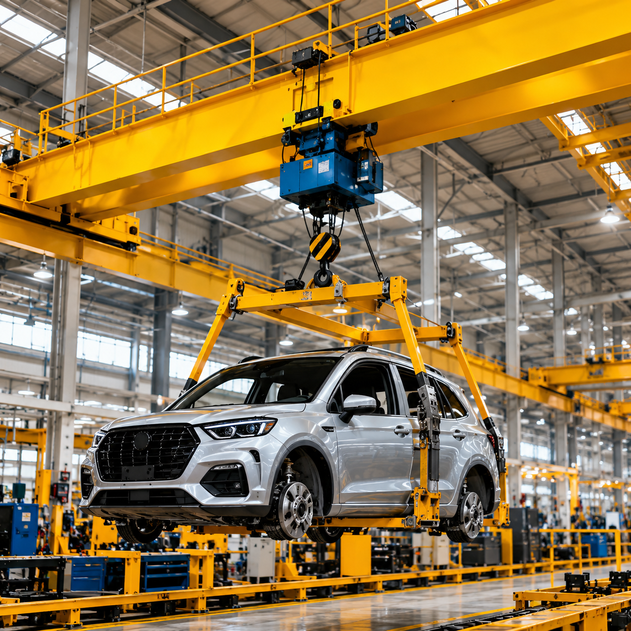 Schwebender SUV in der Autofabrik