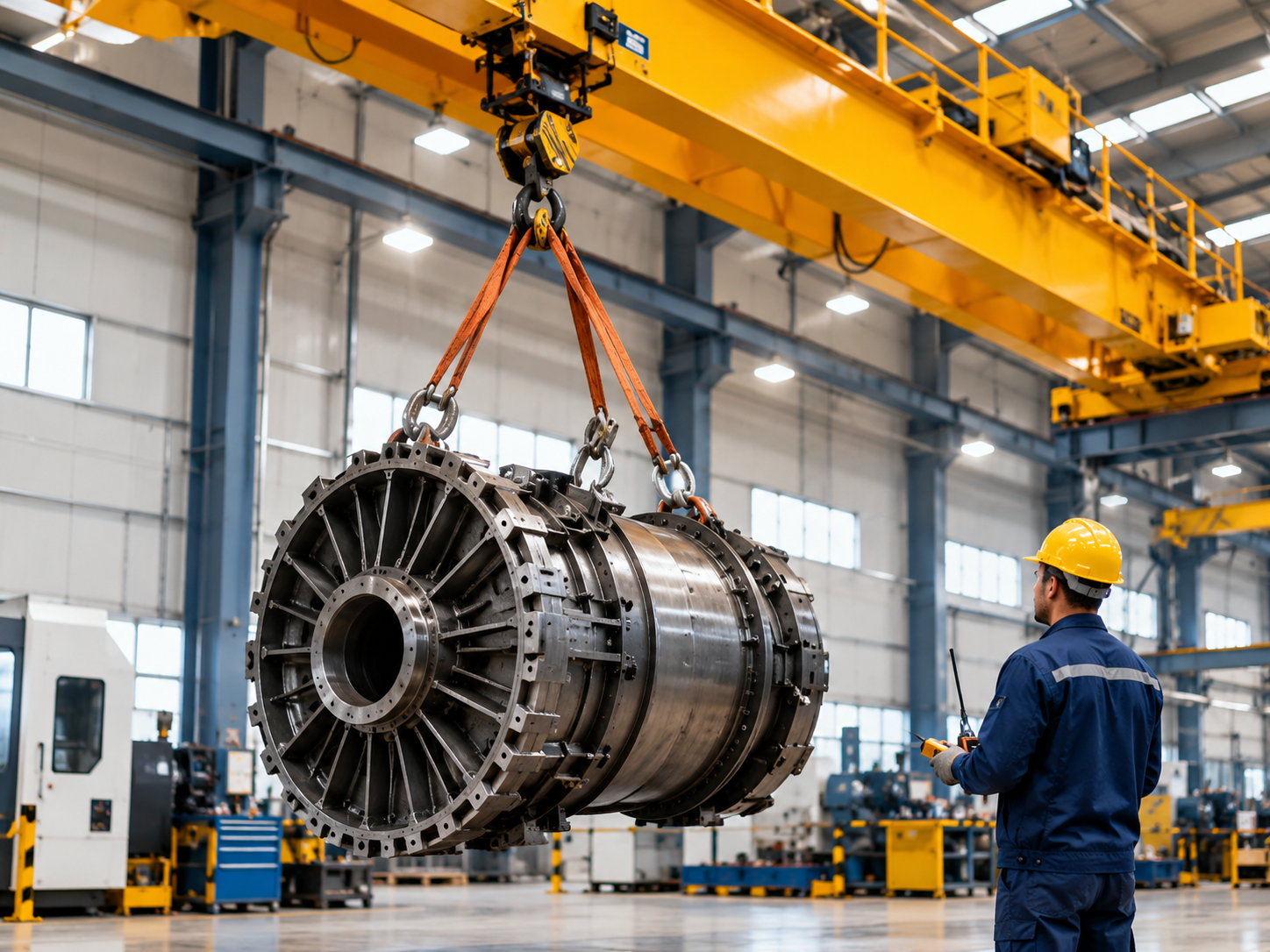 Schwerlastkran hebt Turbinengehäuse